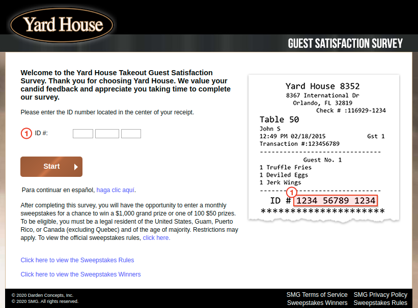 Yard House To Go Guest Satisfaction Survey